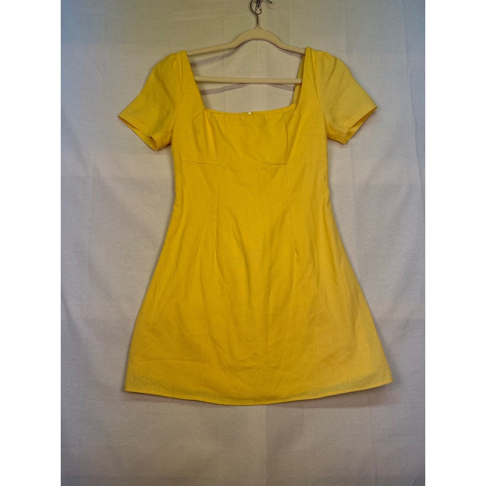 Princess Polly Yellow Linen Blend Square Neck Mini Dress Short Sleeve Womens 4